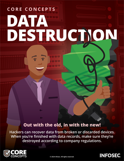 Security awareness poster titled 'DATA DESTRUCTION' showing an illustrated person in business attire holding a smoking, destroyed hard drive. Warning explains hackers can recover data from broken devices and advises proper destruction of data records according to company regulations